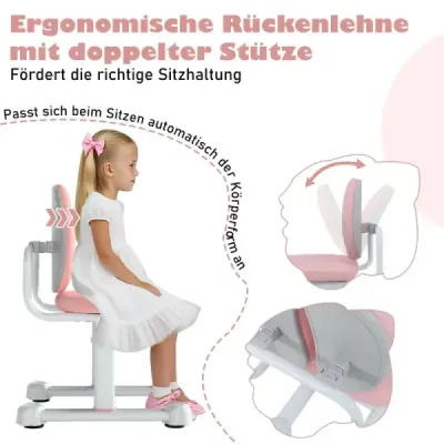 Detská kancelárska stolička, detská stolička s dvojitou opierkou chrbta a nastaviteľnou výškou ružová