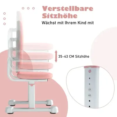 Detská kancelárska stolička, detská stolička s dvojitou opierkou chrbta a nastaviteľnou výškou ružová