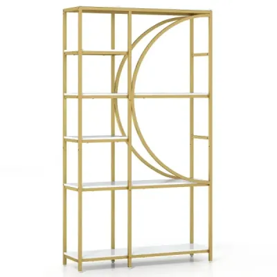 6-stupňový regál priemyselný kancelársky regál s otvorenými policami vysoká polica s oblúkovým dizajnom stojace police Zlatá