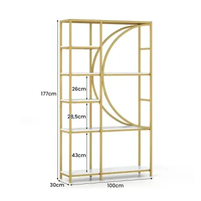 6-stupňový regál priemyselný kancelársky regál s otvorenými policami vysoká polica s oblúkovým dizajnom stojace police Zlatá