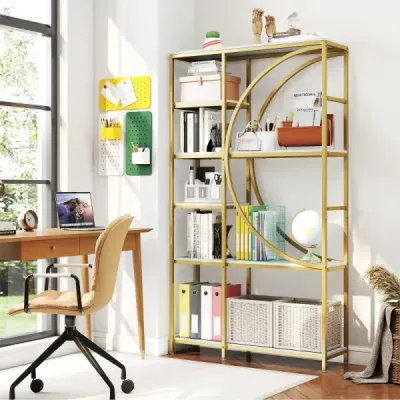 6-stupňový regál priemyselný kancelársky regál s otvorenými policami vysoká polica s oblúkovým dizajnom stojace police Zlatá