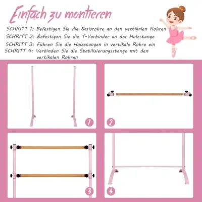 120 cm voľne stojaca baletná tyč 4 stupne výškovo nastaviteľná baletná tyč s 2 drevenými tyčami Ružová