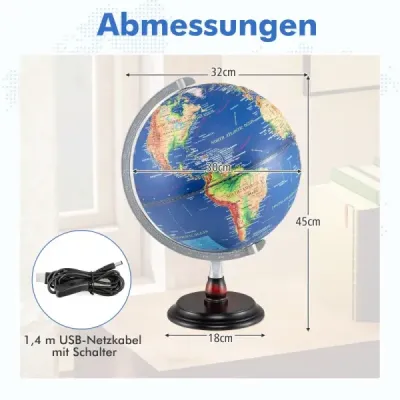 Ø30cm Osvetlený glóbus s dreveným podstavcom Vzdelávací/geografický školský glóbus Glóbus