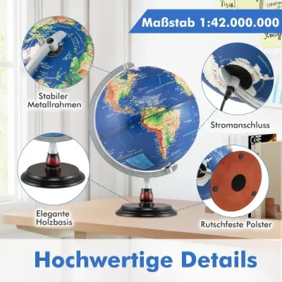 Ø30cm Osvetlený glóbus s dreveným podstavcom Vzdelávací/geografický školský glóbus Glóbus