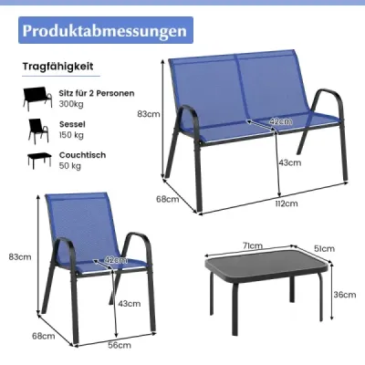 4-dielna kovová súprava záhradných stoličiek.  a doskou z tvrdeného skla. Modrá.
