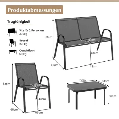 4-dielna kovová súprava záhradných stoličiek Doska stola z tvrdeného skla. Sivá.