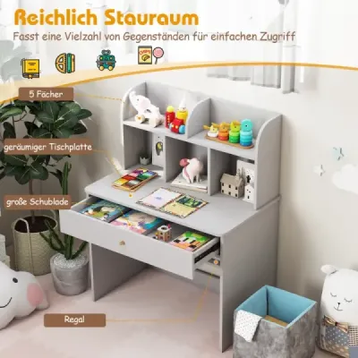 Detský písací stôl so zásuvkou a úložným priestorom drevený školský stôl detský písací stôl sivý
