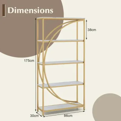 Geometrická knižnica s otvorenými drevenými policami a kovovým rámom, kancelárska polica, voľne stojaca polica, zlatá a biela
