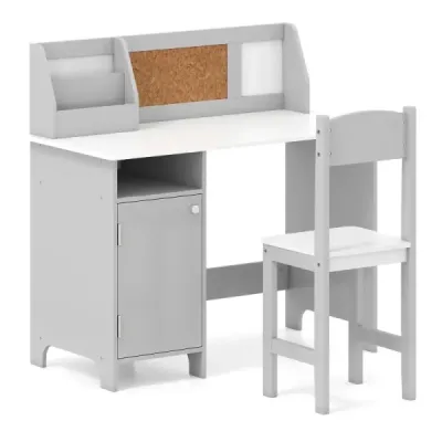 Detská sada písacích stolov, detský stôl so stoličkou, drevený študentský stôl s poličkou, sivý