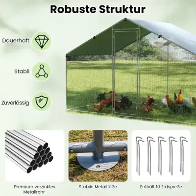 Veľký kurník, ohrada s voľným výbehom, kurník so strechou a uzamykateľnými dverami, 300 cm x 170 cm x 190 cm, strieborná Veľký kurník, ohrada s voľným výbehom, kurník so strechou a uzamykateľnými dverami, 300 cm x 170 cm x 190 cm, strieborná