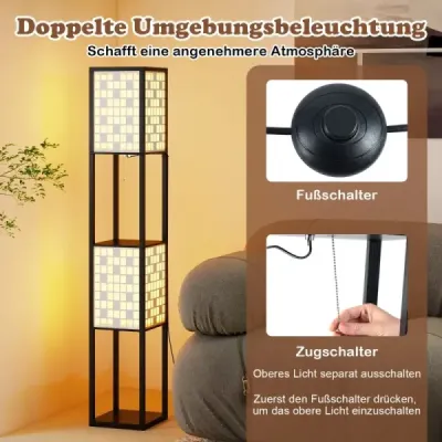 Stojacia lampa s 2 žiarovkami, 2 policami a nožným spínačom Stojacia lampa Drevená policová lampa