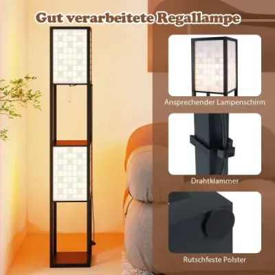Stojacia lampa s 2 žiarovkami, 2 policami a nožným spínačom Stojacia lampa Drevená policová lampa