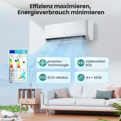 Mini split klimatizácia s výkonom 12 000 BTU (34 kW) Energeticky úsporná klimatizácia A++ s tepelným čerpadlom, biela