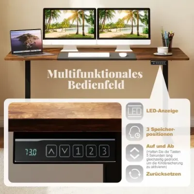 Elektrický stojaci stôl 140 x 70 cm výškovo nastaviteľný ergonomický stôl na sedenie hnedý