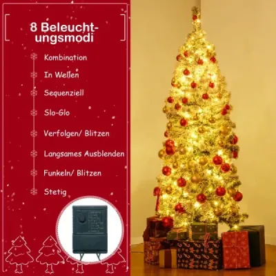 150 cm umelý vianočný stromček so 180 teplými bielymi LED svetlami a snehovým ceruzkovým vianočným stromčekom.