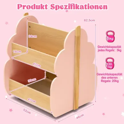 Detská drevená knižnica s univerzálnymi kolieskami, 2 úrovne, polička na hračky na kolieskach, ružová