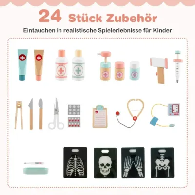 Hračka  so zdravotníckym vybavením a 24 doplnkami Drevená herná súprava Doktor ružová