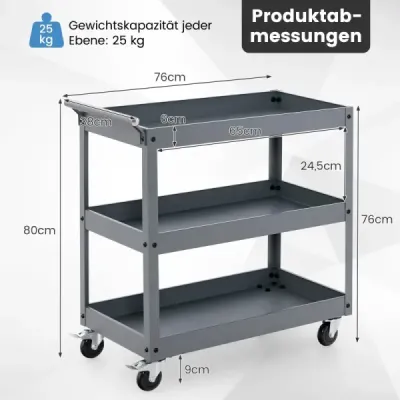 Robustný 3-úrovňový vozík na kolieskach Kovový prepravný vozík s 3 policami a ergonomickou rukoväťou Sivá