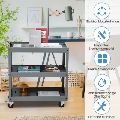 Robustný 3-úrovňový vozík na kolieskach Kovový prepravný vozík s 3 policami a ergonomickou rukoväťou Sivá