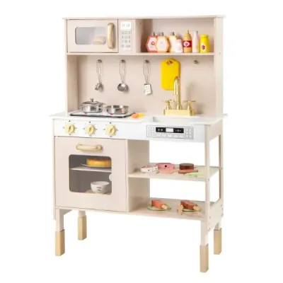 Hracia kuchynka Výškovo nastaviteľná drevená kuchynská súprava so svetlami a zvukmi Mikrovlnná rúra Drez Rúra Žltá
