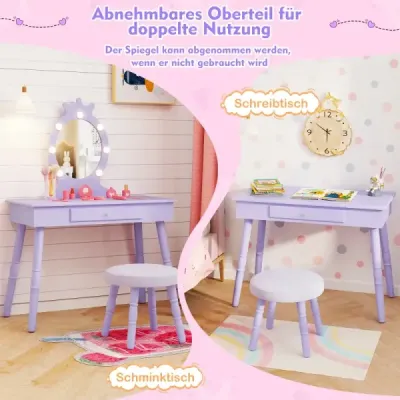 Toaletný stolík 2 v 1 Princezná s odnímateľným zrkadlom a zásuvkou Detský toaletný stolík fialový