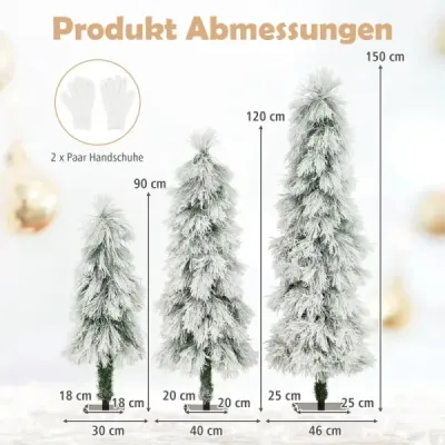 Sada 3 umelých vianočných stromčekov 90 cm 120 cm 150 cm s osvetlením zasneženými koncami vetiev zelená