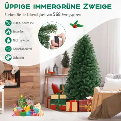 180cm umelý vianočný stromček s 568 koncami vetiev z PVC a 200 LED svetielkami Slávnostný stromček