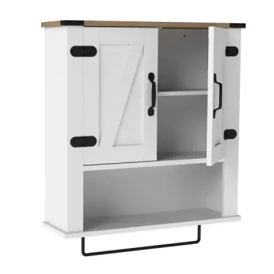 Kúpeľňová skrinka so stojanom na uteráky Farmárska lekárnička so stodolovými dverami a nastaviteľnou policou Biela