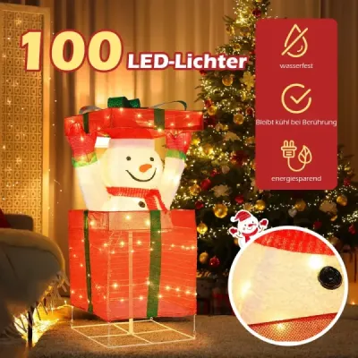 LED snehuliak v darčekovej krabici so 100 teplými bielymi LED svetlami Osvetlená vianočná dekorácia