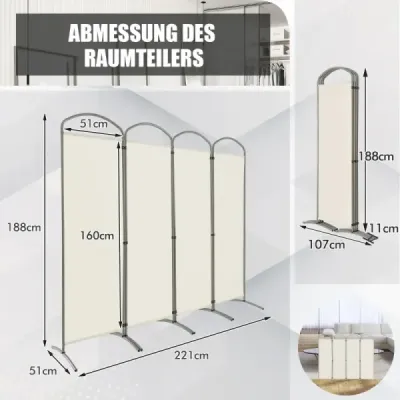 Sklopná deliaca stena so 4 panelmi Deliaca stena pre domácnosť 221 x 51 x 188 cm-biela