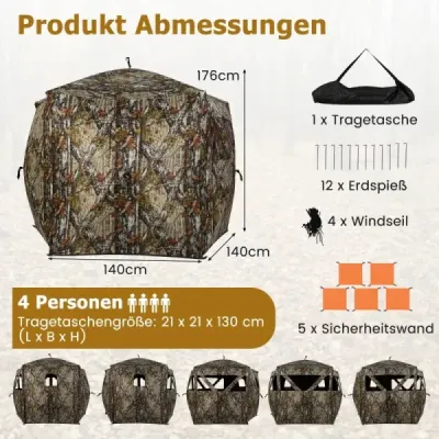 Prenosný poľovnícky stan pre 4 osoby s bezhlučnými oknami Pop-up maskovací stan