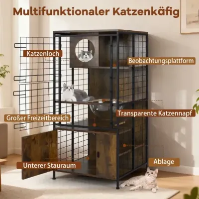 Moderná klietka pre mačky viacúrovňová klietka pre mačky s kovovým rámom otvory pre misku na krmivo hnedá