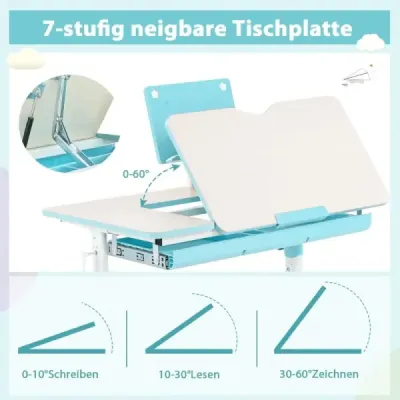 Výškovo nastaviteľný detský písací stôl s výklopnou doskou a stojanom na knihy (modrý stôl)