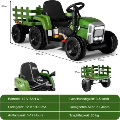 12 V detský traktor s prívesom Elektrické autíčko na batérie žlté