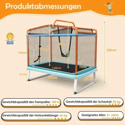 Detská trampolína 3 v 1 Trampolína s hojdačkou a horizontálnou tyčou Záhradná trampolína Orange