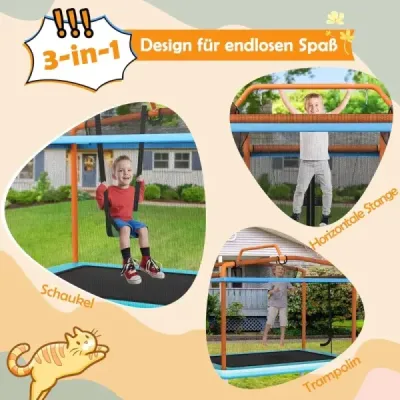 Detská trampolína 3 v 1 Trampolína s hojdačkou a horizontálnou tyčou Záhradná trampolína Orange