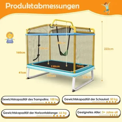 Detská trampolína 3 v 1 Trampolína s hojdačkou a horizontálnou tyčou Záhradná trampolína žltá