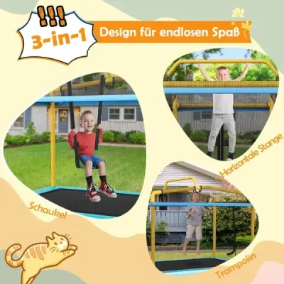 Detská trampolína 3 v 1 Trampolína s hojdačkou a horizontálnou tyčou Záhradná trampolína žltá