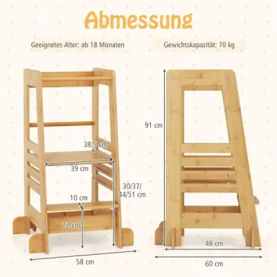 Detská bambusová učebná veža so 4 nastaviteľnými výškami a bezpečnostným zábradlím Montessori stupienok