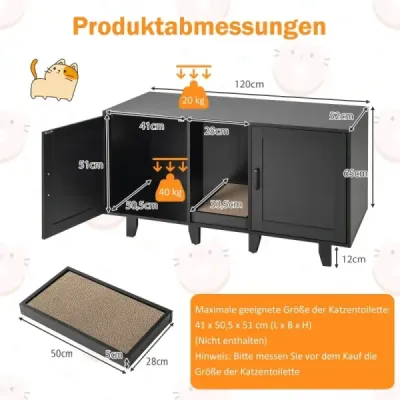 Skrinka pre mačky na podstielku so škrabacou doskou a 2 dvierkami a vchodom 120 x 52 x 65 cm čierna