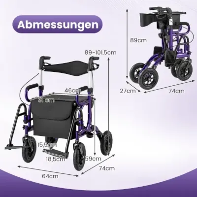 Vozik pre seniorov so sedadlom Kombinácia skladacieho valčeka a invalidného vozíka 2 v 1 s 23 cm pneumatikami Fialová
