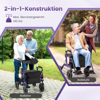 Vozik pre seniorov so sedadlom Kombinácia skladacieho valčeka a invalidného vozíka 2 v 1 s 23 cm pneumatikami Fialová