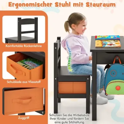 Detský stôl + stolička z masívneho dreva so sklápacou stolovou doskou a zásuvkou a háčikom Brown