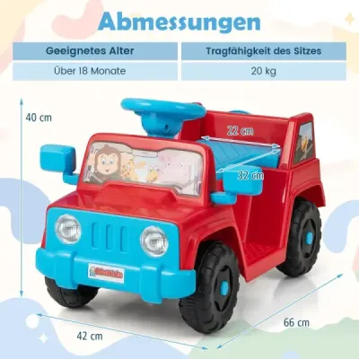 6V detské vozidlo pre batoľatá Hracie auto so zvukovými efektmi Štartovanie jedným tlačidlom Držiak na pohár Úložný priestor Červená farba