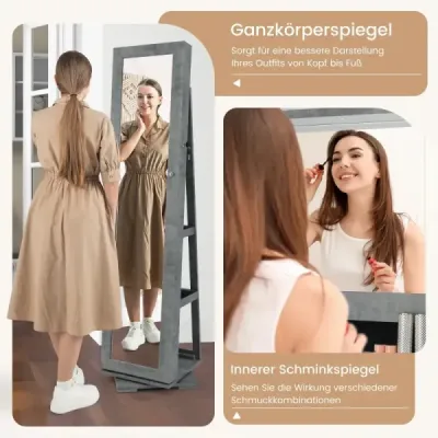 360° otočná skrinka na šperky so zrkadlom po celej dĺžke Zrkadlová skrinka na šperky Vintage sivá