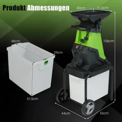 Elektrický drvič Záhradný drvič s výkonom 3000 W s 50 l zbernou nádobou, priemerom rezu 45 mm, násypkou, kolieskami, zelenou farbou