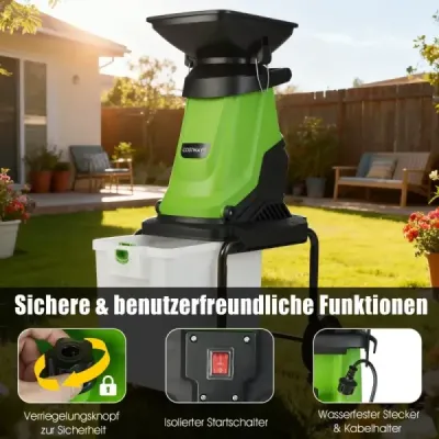 Elektrický drvič Záhradný drvič s výkonom 3000 W s 50 l zbernou nádobou, priemerom rezu 45 mm, násypkou, kolieskami, zelenou farbou
