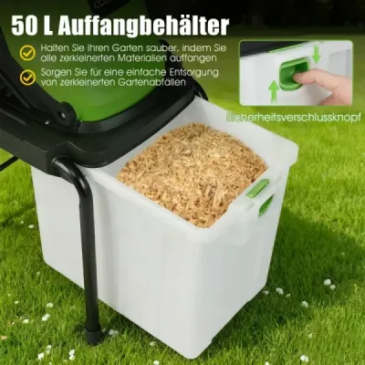 Elektrický drvič Záhradný drvič s výkonom 3000 W s 50 l zbernou nádobou, priemerom rezu 45 mm, násypkou, kolieskami, zelenou farbou