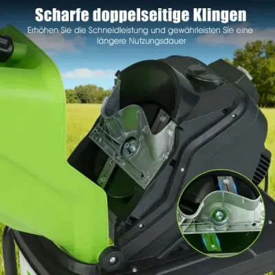 Elektrický drvič Záhradný drvič s výkonom 3000 W s 50 l zbernou nádobou, priemerom rezu 45 mm, násypkou, kolieskami, zelenou farbou