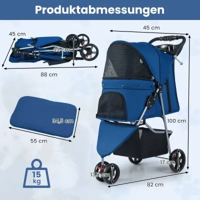 Faltbarer Haustierwagen leichter Katzen-Spazierwagen mit verstellbarem Sonnendach Blau
